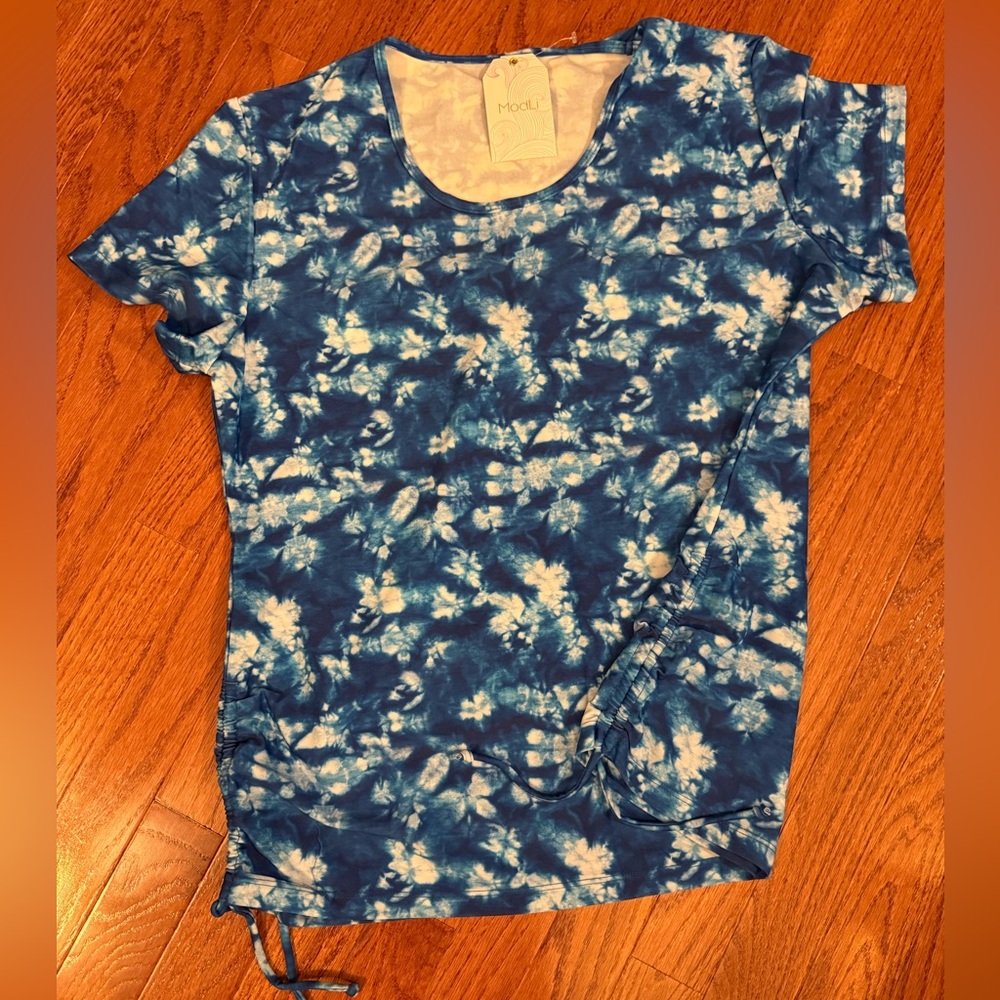 Modli Swim Top, Blue Tie-Die Design, Adjustable Ruched Sides, Size 1X